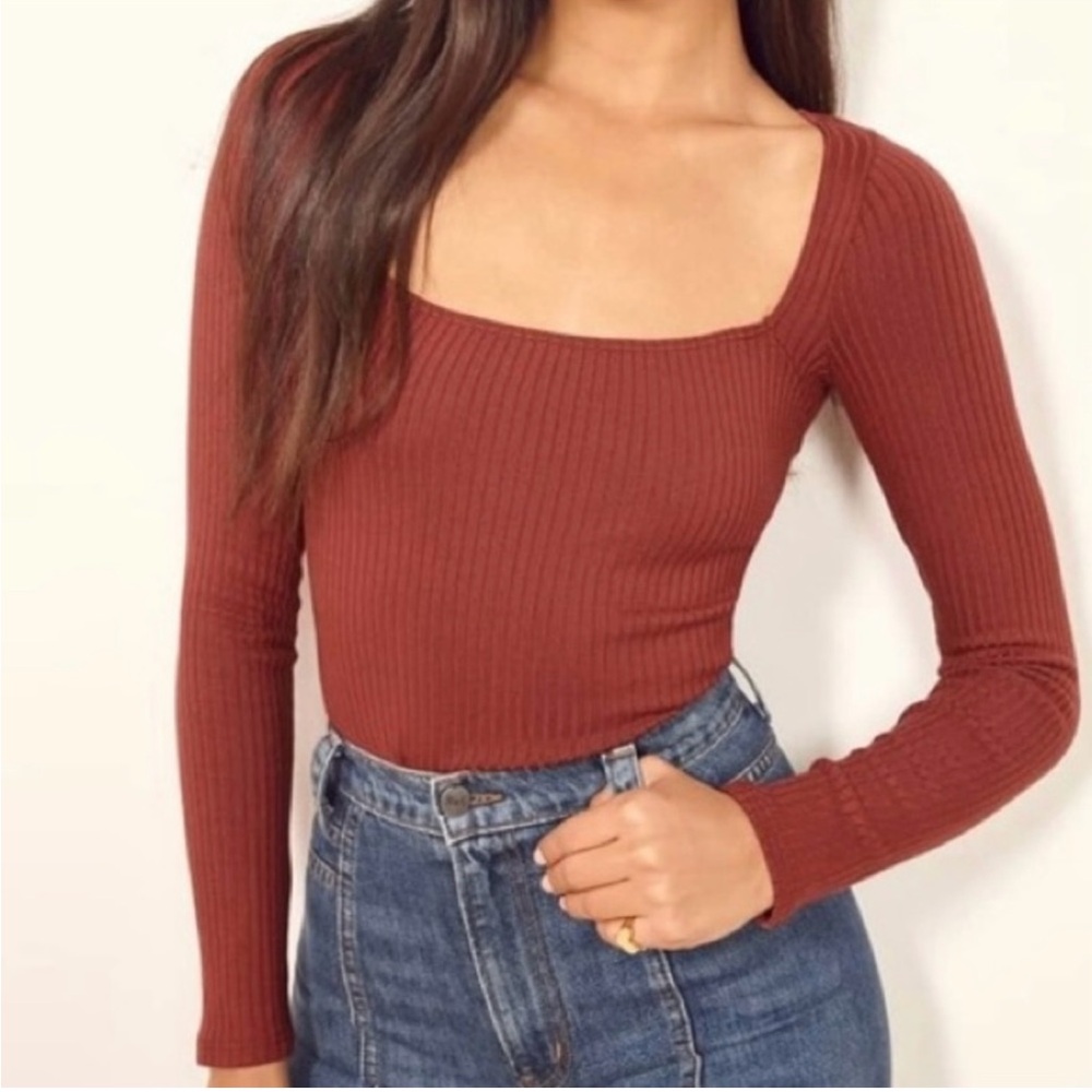 Reformation Rust Ribbed Long-Sleeve Square Neck Top